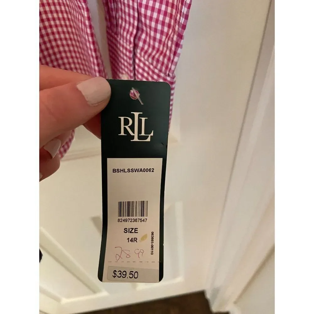 Pink Gingham Boys Ralph Lauren Long Sleeved Shirt (Size 14)